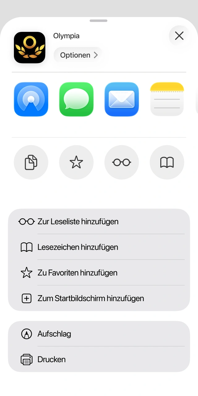 Nutze den Teilen-Button im Browser zum Speichern der Olympia App.