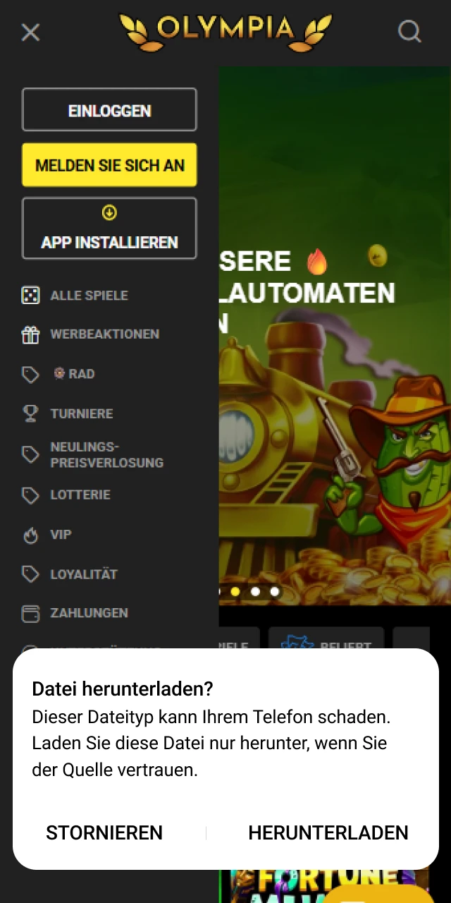 Bestätige die Meldung im Pop-up für den Olympia Android Download.