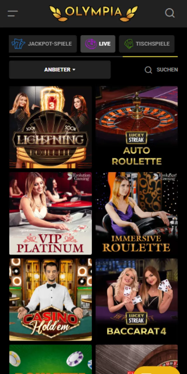 Teste das spannende Live Casino über die neue Olympia App.