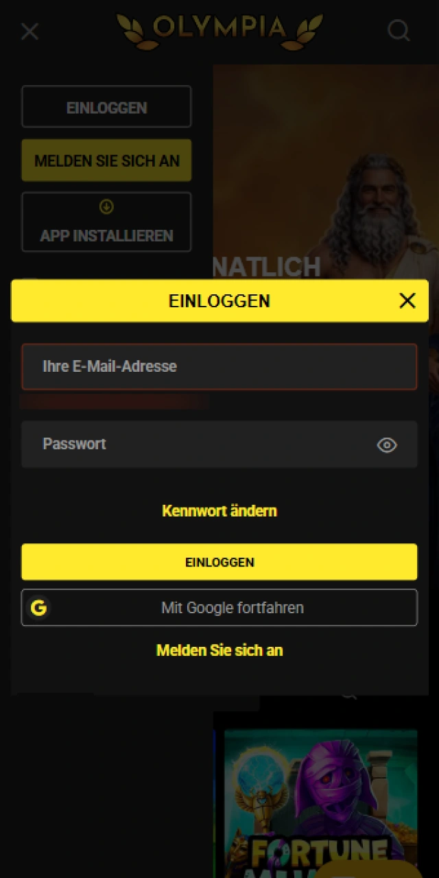 Melde dich direkt in der Olympia App mit deinen Daten an.