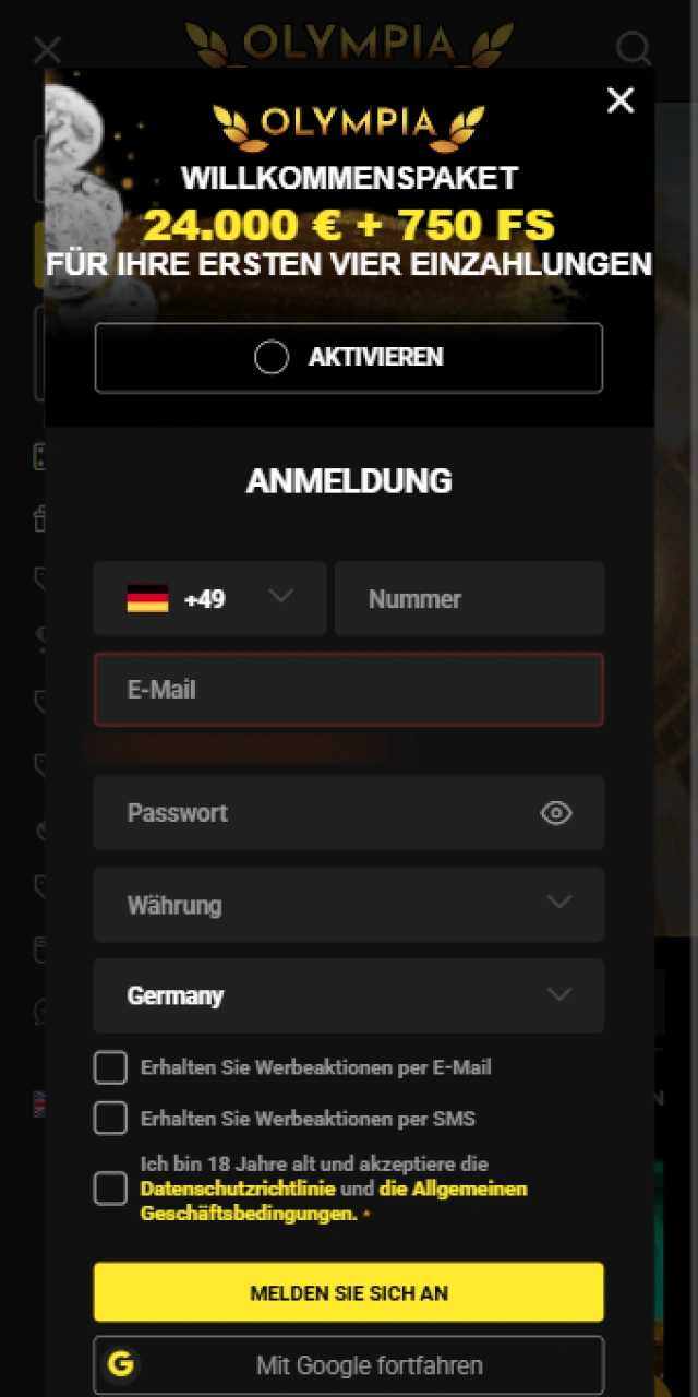 Öffne das Registrierungsformular in der Olympia App für dein neues Konto.