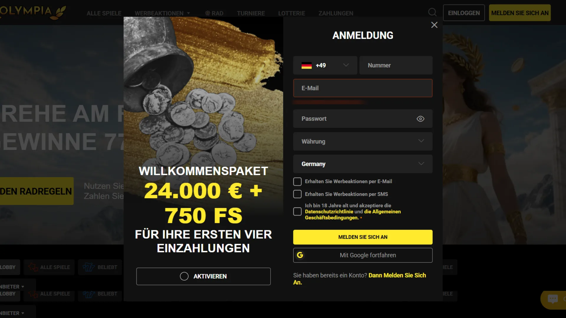 Registriere dich bei Olympia und eröffne dein neues Spielerkonto.