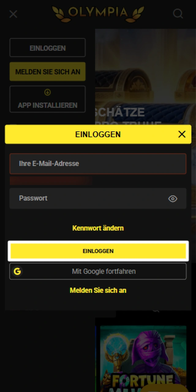Melde dich in deinem Olympia Konto an, um eine Auszahlung zu starten.